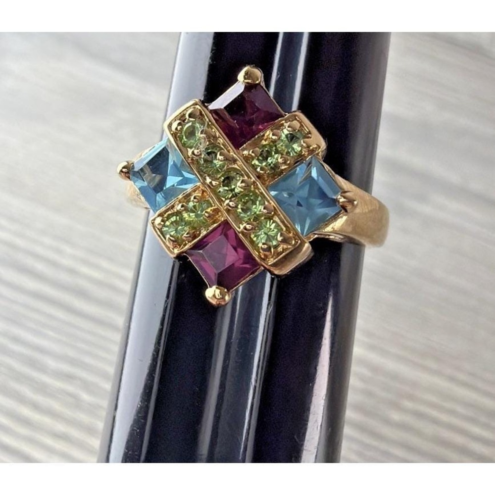New Vintage Multi Gem Crystal Ring 14Kt Electroplated Size 9 Amethyst Blue Topaz